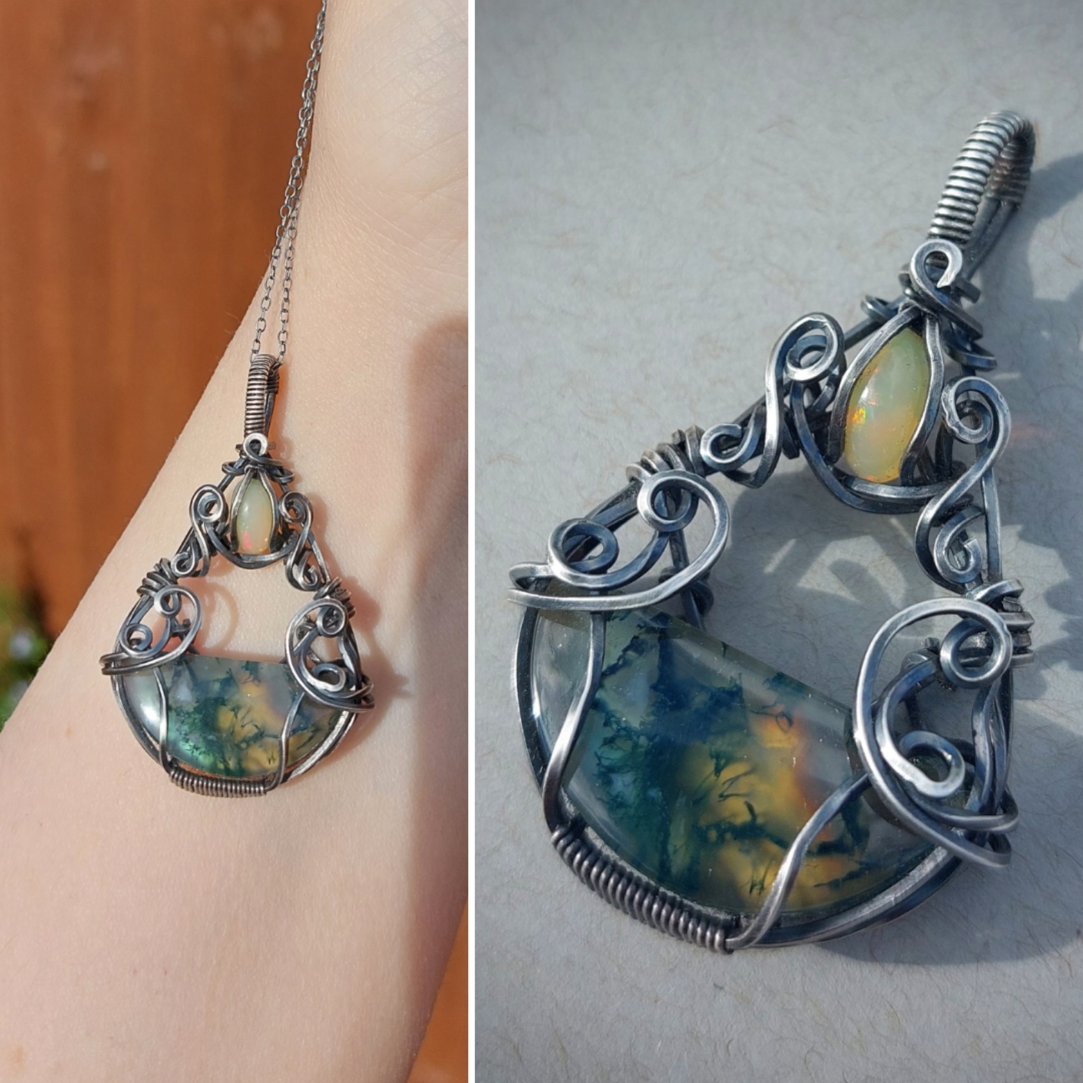 Moss Agate, Labradorite and Opal Silver Necklace