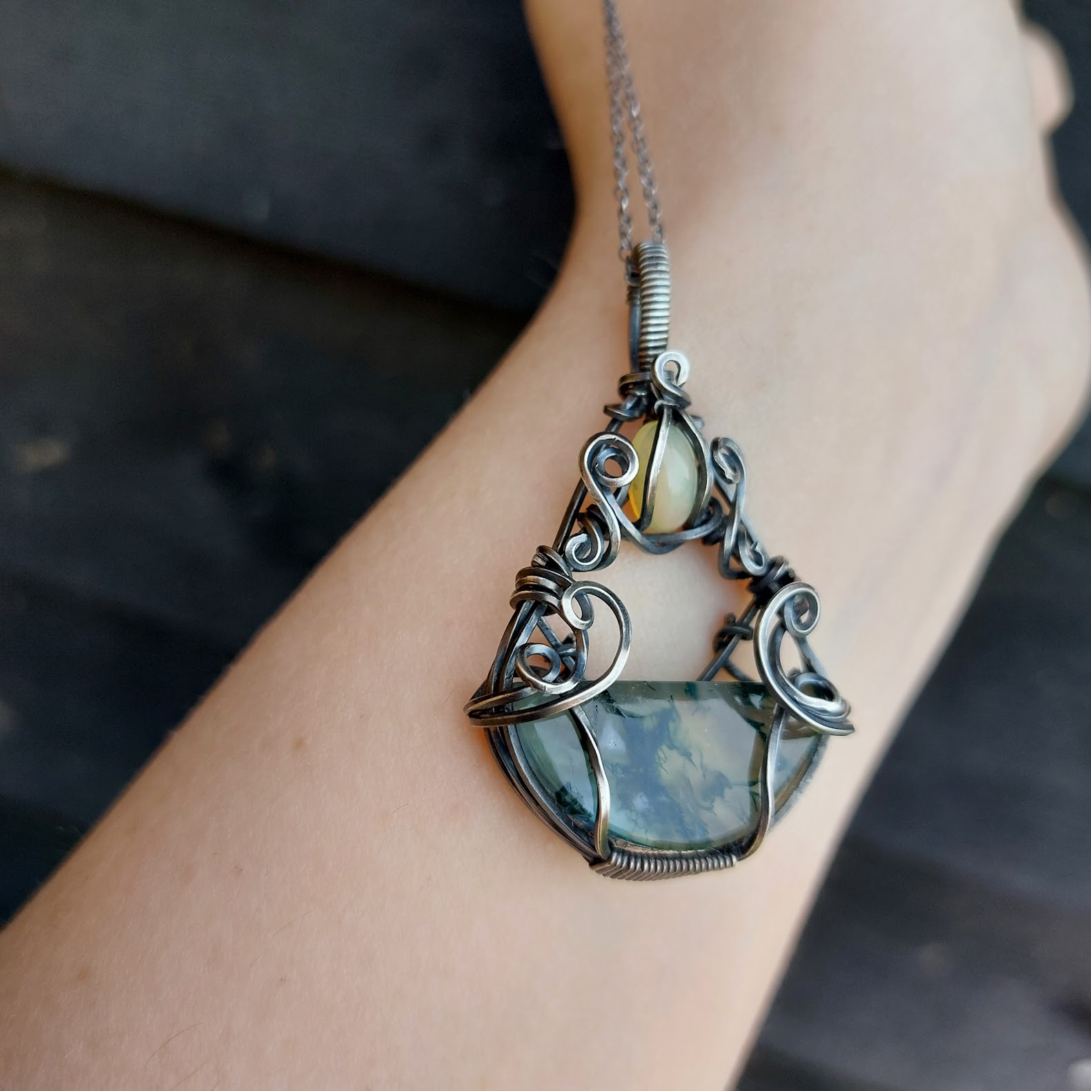 Moss Agate, Labradorite and Opal Silver Necklace