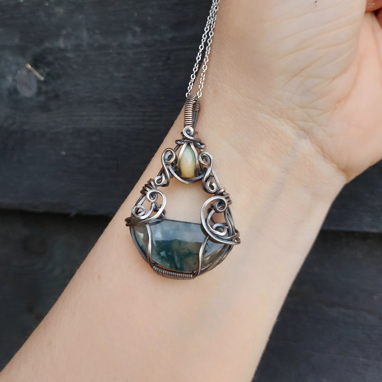 Moss Agate, Labradorite and Opal Silver Necklace